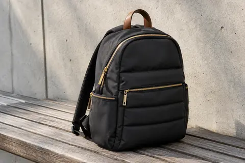Sac à dos noir matelassé avec fermetures dorées, poches latérales et passant arrière pour valise.
