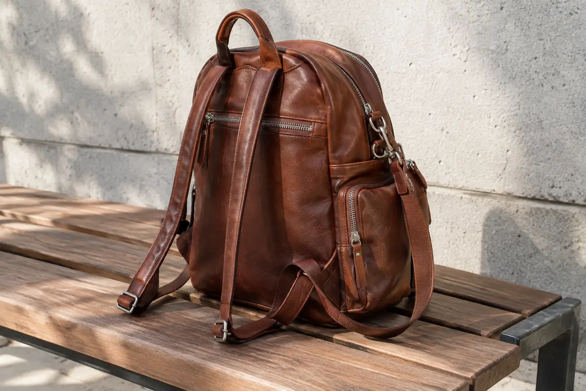 Sac à dos en cuir brun rougeâtre avec poche arrière zippée, posé sur un banc en bois en décor urbain