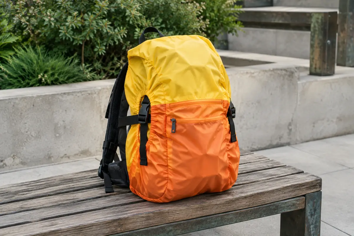 Housse de sac à dos jaune et orange installée sur un sac urbain posé sur un banc en bois