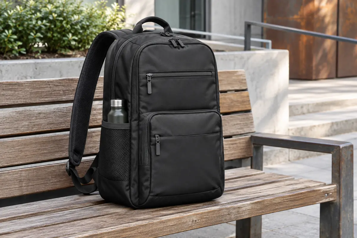 Sac à dos ordinateur noir Samsonite Guardit 3.0 posé sur un banc, avec poches avant et rangements zippés visibles.