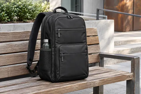 Sac à dos ordinateur noir Samsonite Guardit 3.0 posé sur un banc, avec poches avant et rangements zippés visibles.
