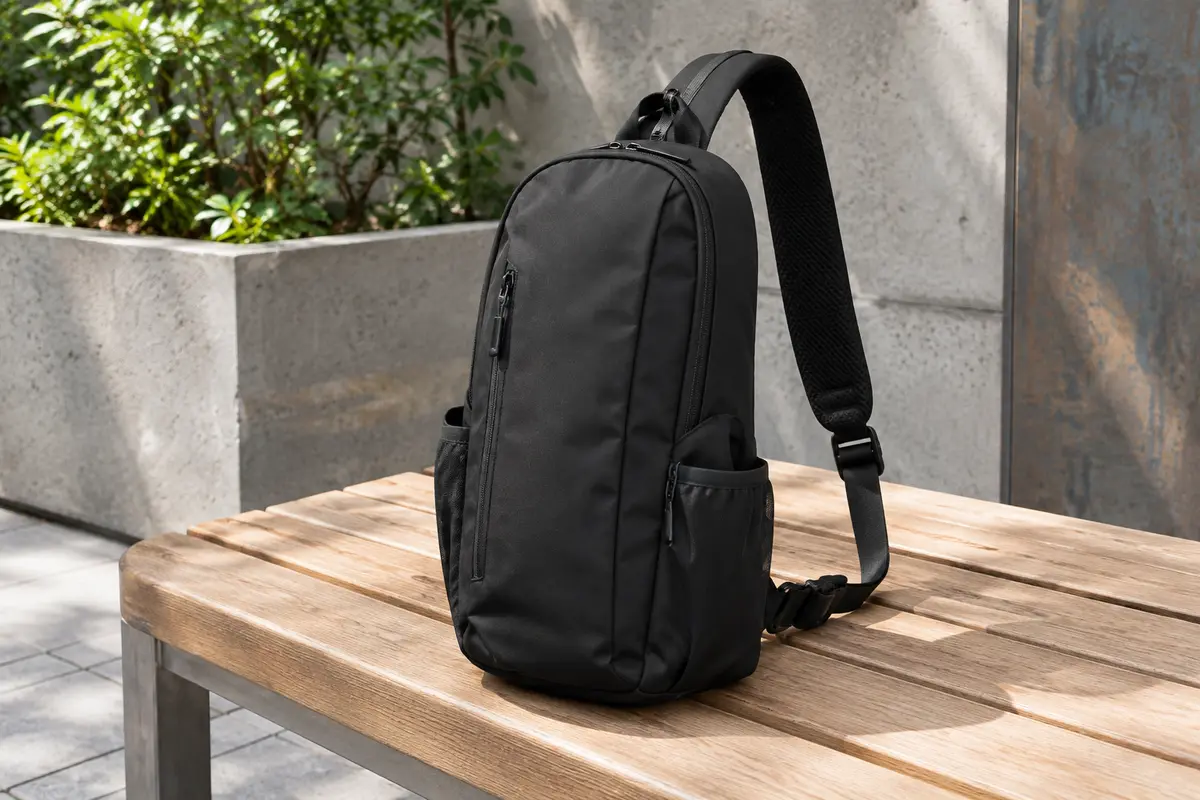Sac à dos noir à une bretelle posé sur un banc, avec poches zippées et bretelle ajustable visibles.