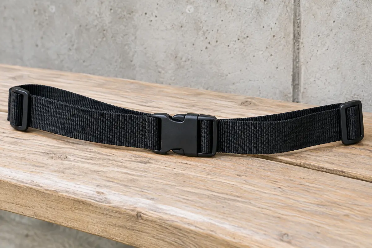 Sangle pectorale en nylon noir de 25 mm avec boucle à clip centrale, posée seule à plat sur un banc en bois clair