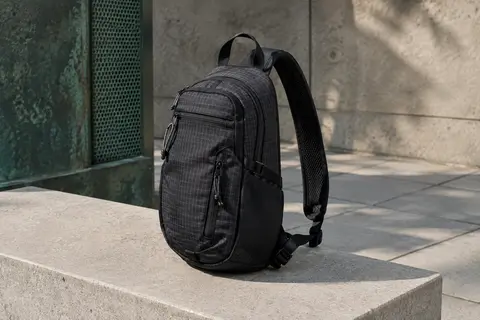 Sac à dos à une bretelle noir en polyester à motif à carreaux, posé sur un banc de béton clair.