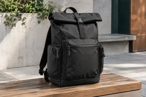 Sac à dos cabine noir en nylon ripstop, roll-top et poches latérales, posé sur un banc en bois.
