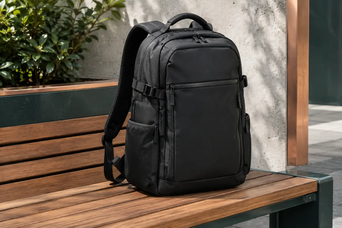 Sac à dos cabine noir Tolaccea avec poches multiples et bretelles rembourrées posé sur un banc en bois