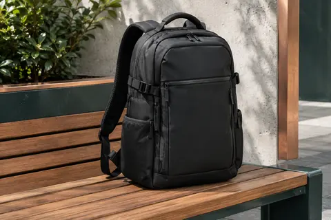 Sac à dos cabine noir Tolaccea avec poches multiples et bretelles rembourrées posé sur un banc en bois