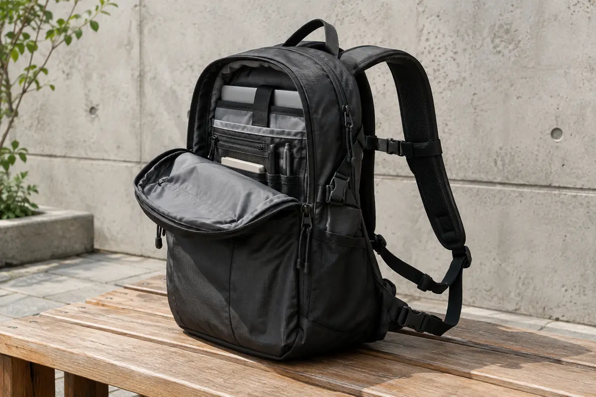 Sac à dos de voyage noir en polyester ripstop posé sur un banc en bois devant un mur de béton clair.