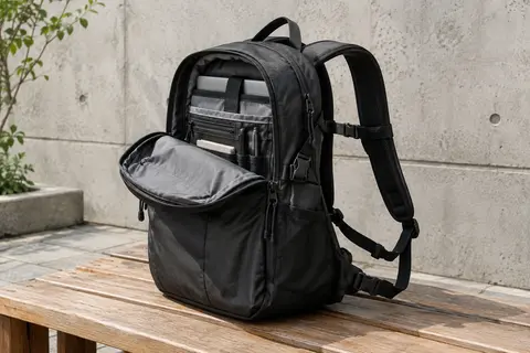 Sac à dos de voyage noir en polyester ripstop posé sur un banc en bois devant un mur de béton clair.