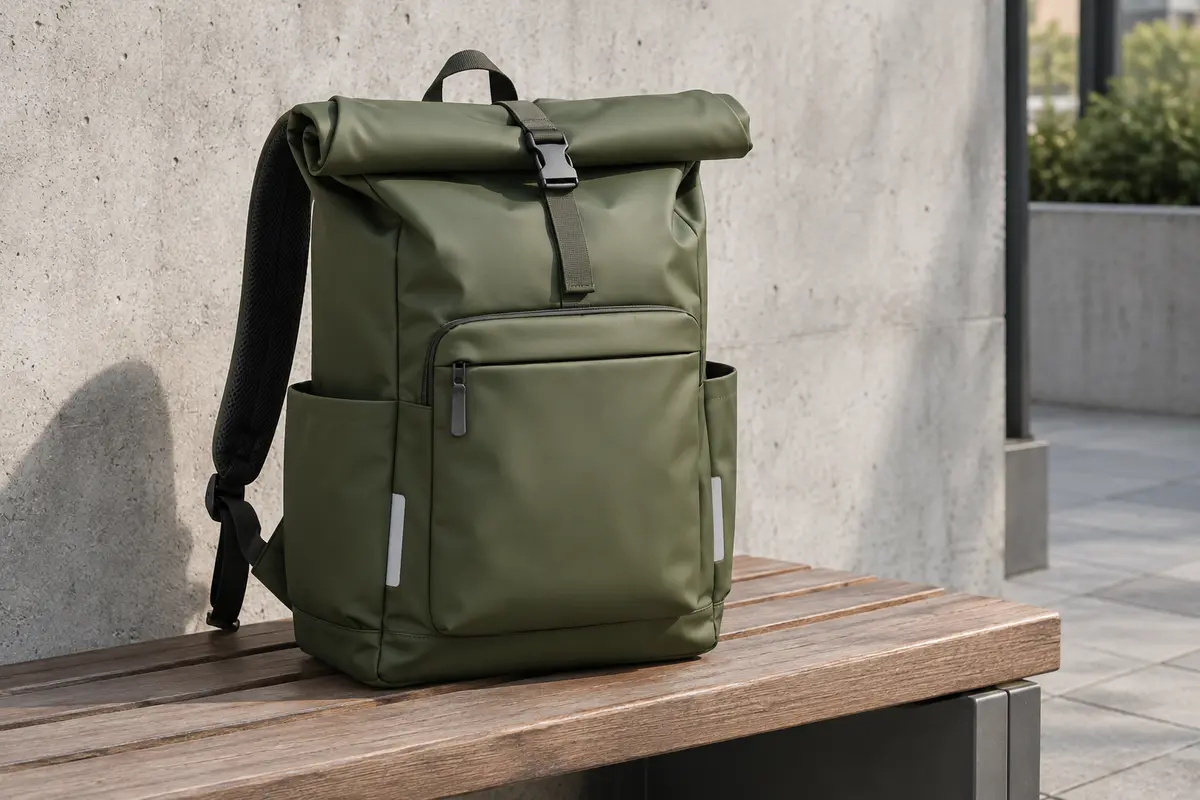 Sac à dos roll-top olive posé sur un banc, avec poche avant et réflecteurs visibles.