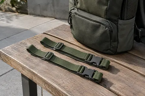 Deux sangles de poitrine réglables vert armé avec boucles rapides, posées près d’un sac à dos sur un banc.