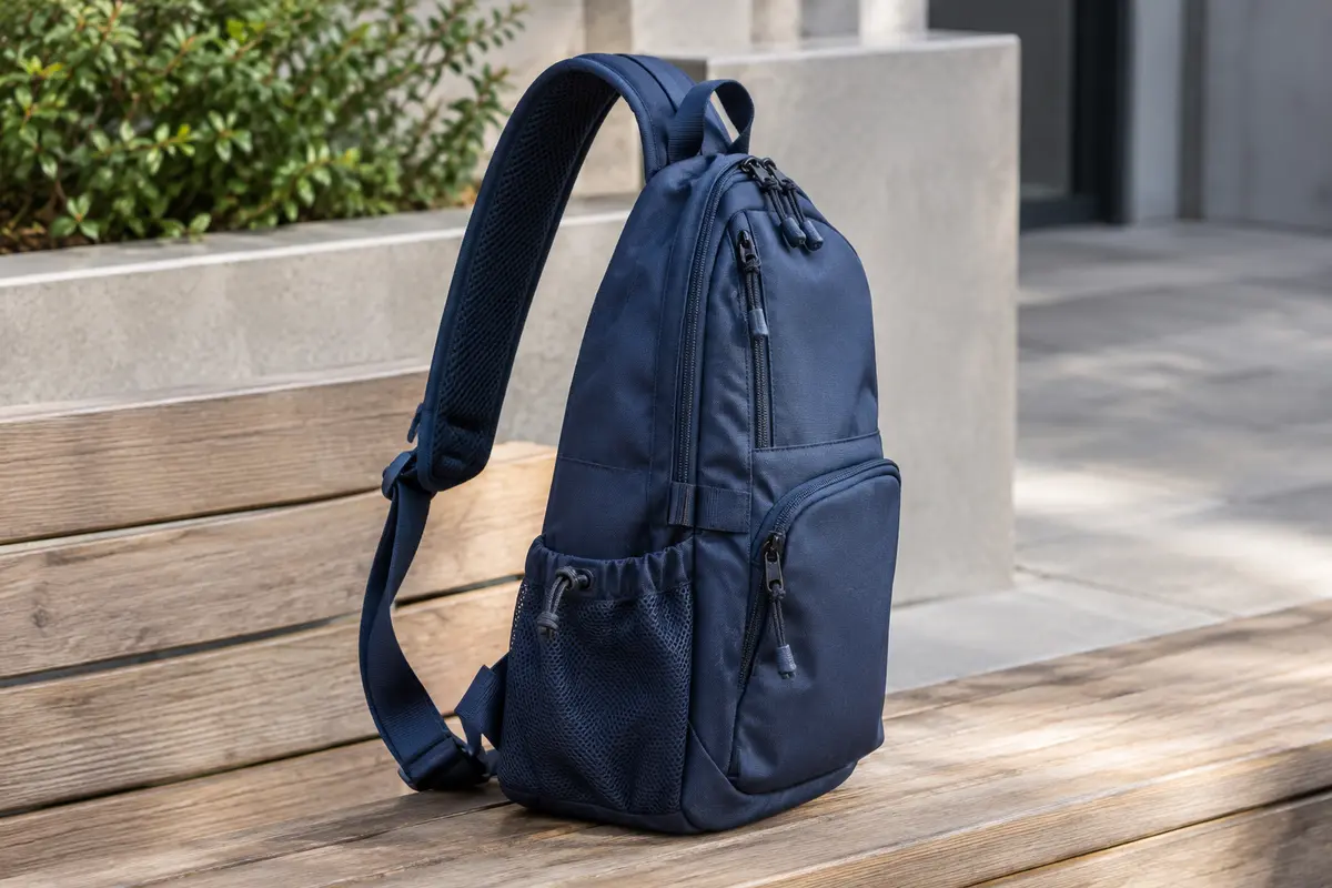 Sac à dos à une bretelle en nylon bleu foncé posé sur un banc, avec ses poches et sa sangle visibles.