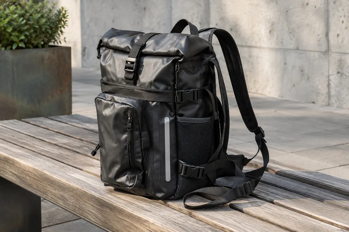 Sacoche de vélo noire Valkental, convertible en sac à dos et à bandoulière, posée sur un banc en bois.