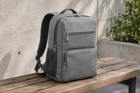 Sac à dos cabine gris posé sur un banc, avec ses poches, ses fermetures éclair et ses bretelles visibles