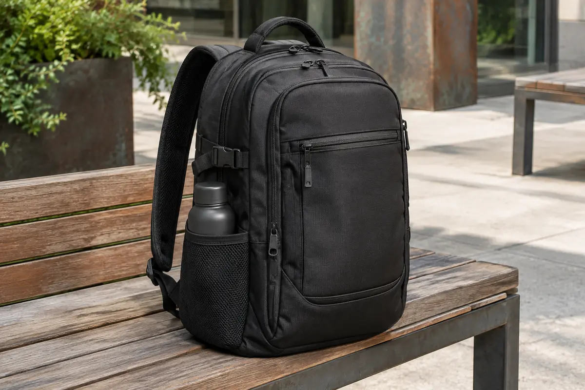 Sac à dos cabine noir extensible en polyester, avec poches extérieures et sangles de portage.