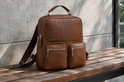 Sac à dos marron Vaschy au format carré, avec panneau avant tissé et poches zippées, posé sur un banc en bois.