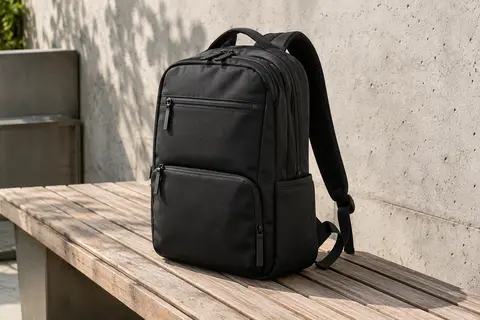 Sac à dos urbain noir Vinbagge avec poches, fermetures éclair et bretelles réglables, posé sur un banc en bois.