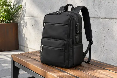 Sac à dos noir en polyester avec poches zippées, serrure à combinaison et port USB extérieur.