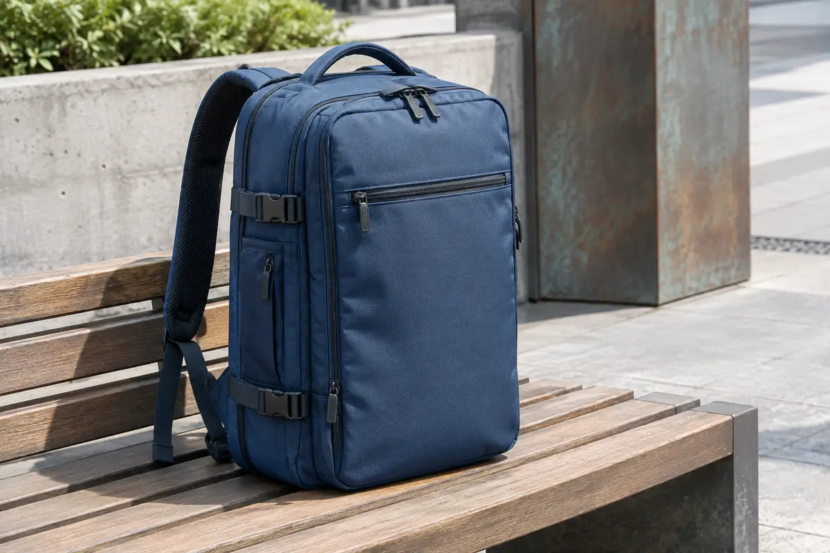 Sac à dos cabine bleu posé sur un banc, avec poches zippées, bretelles rembourrées et sangles latérales