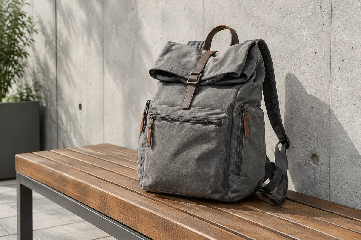 Sac convertible en toile grise posé sur un banc, avec poches zippées et bretelles rangées