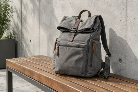 Sac convertible en toile grise posé sur un banc, avec poches zippées et bretelles rangées