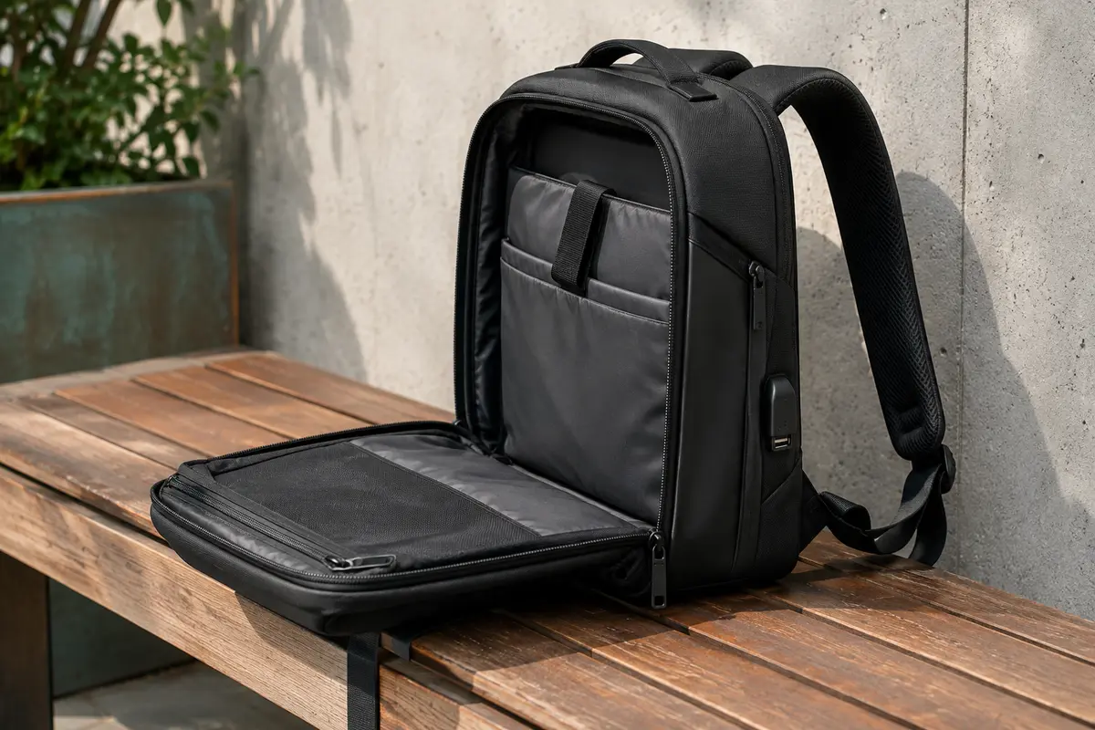 Sac à dos urbain noir Xinyasee avec compartiment principal ouvert, bretelles rembourrées et port USB externe