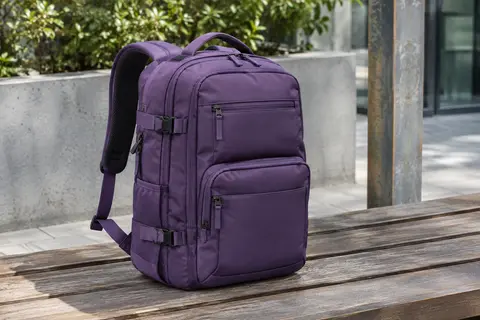 Sac à dos de voyage violet posé sur un banc, avec poches, fermetures et bretelles visibles.