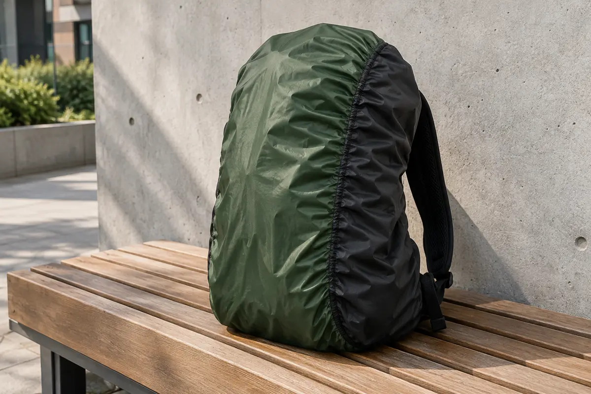 Housse de pluie noire et verte ajustée sur un sac à dos posé sur un banc en bois en ville