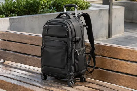 Sac à dos noir convertible avec poignée télescopique et quatre roues, posé seul sur un banc en bois.