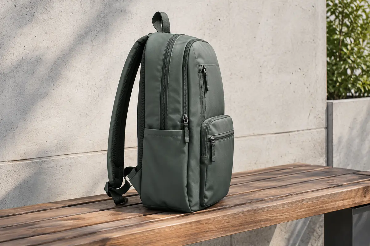 Sac à dos Zinz fin et extensible posé sur un banc en bois, avec ses poches et ses fermetures visibles