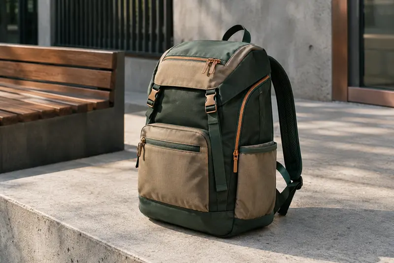 Sac à dos posé sur du béton clair, cadré pour montrer ses rangements et sa construction