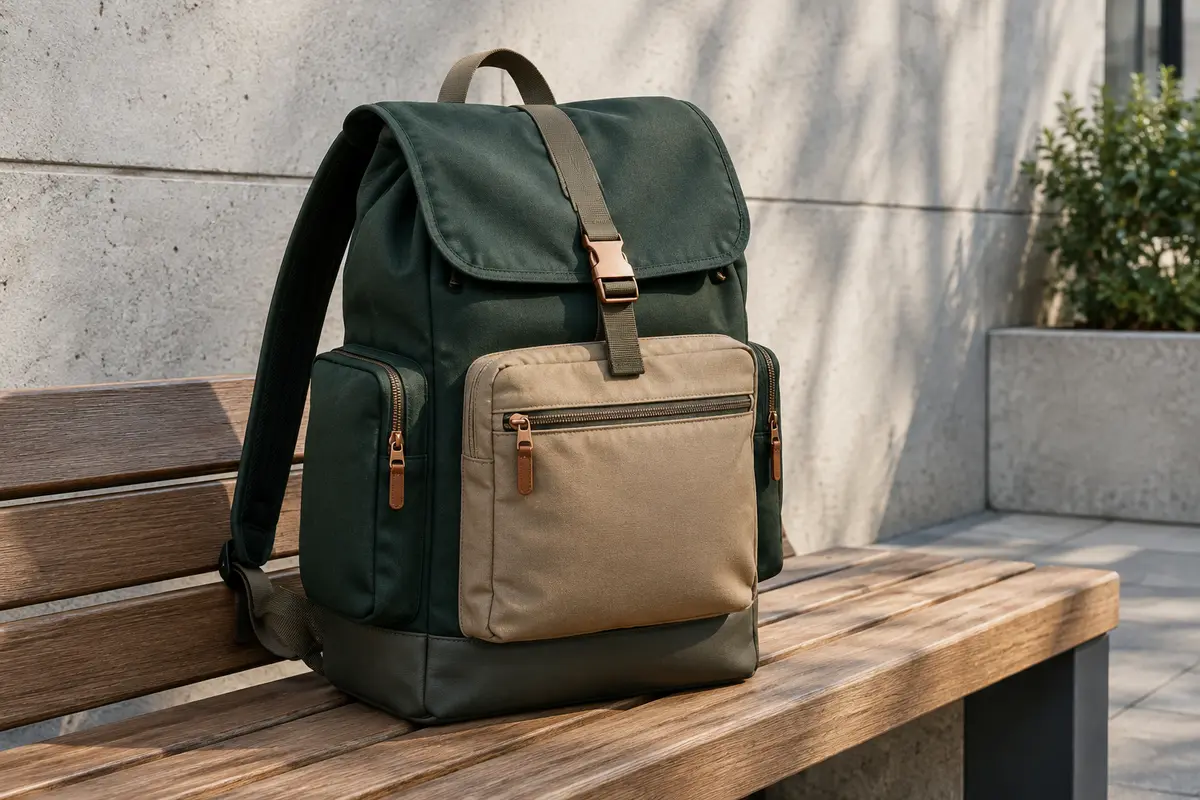 Sac à dos urbain posé dans un décor sobre, avec ses poches et ses volumes visibles